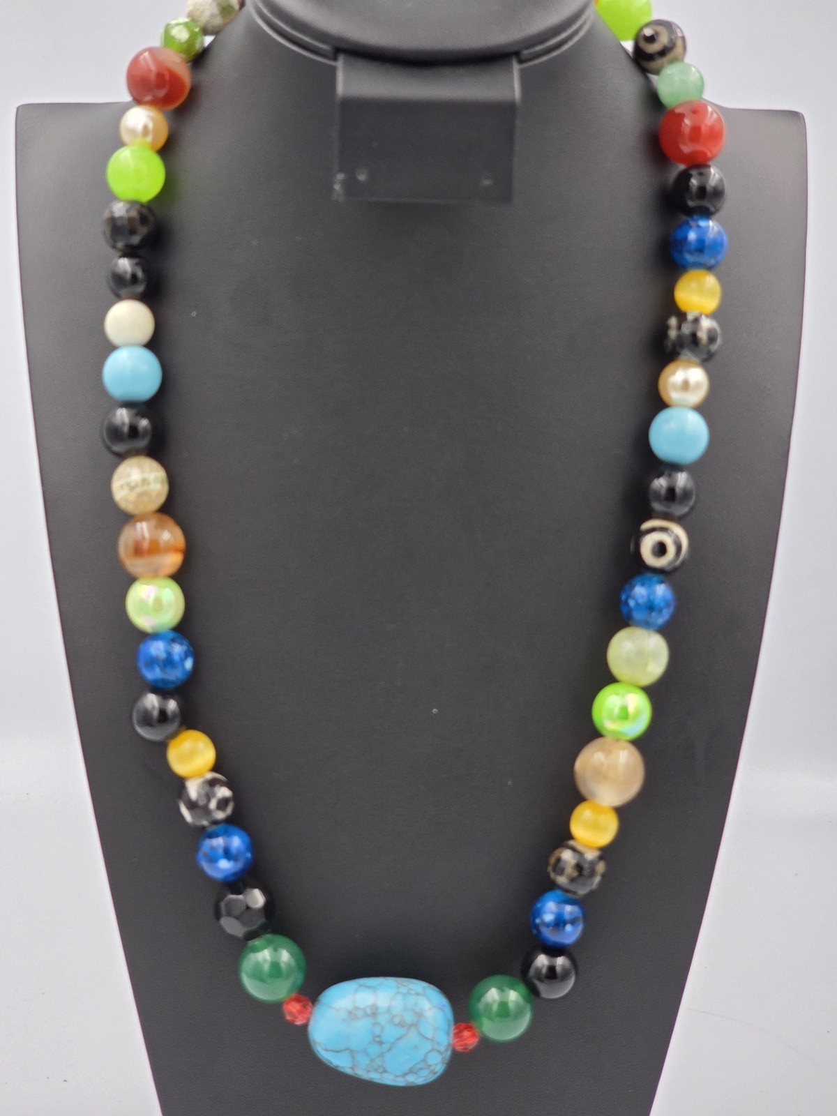 Colorful Multi Gem Stone Beaded Necklace Turquoise Style Center Bead