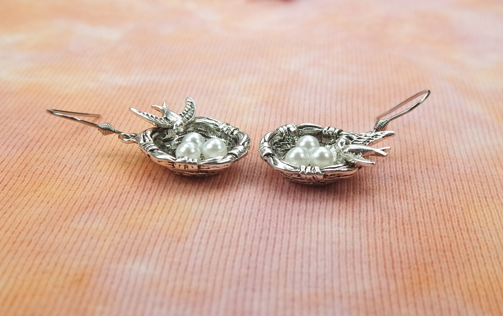 Bird’s Nest Necklace or Earrings, 3D Bird and Nest with Pearl Eggs Triplets Mom