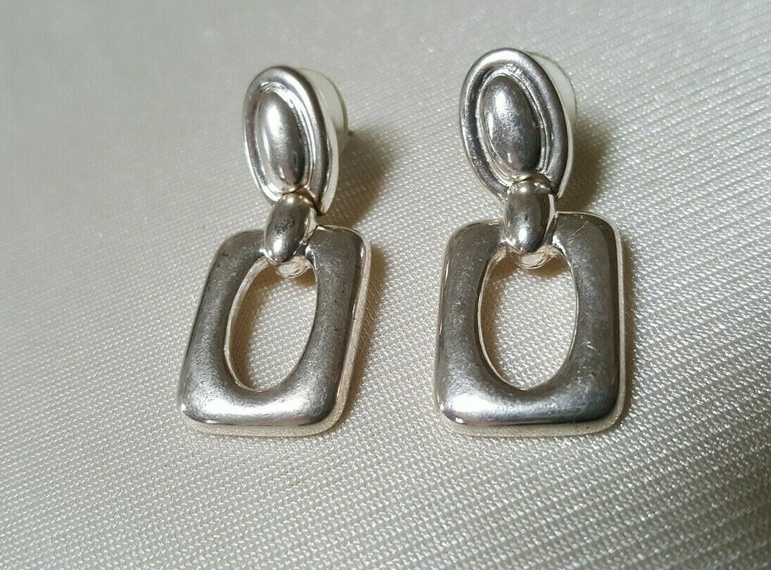 Unique ?Sterling? Square Dangle Pierced Earrings Approx 1.5″ Long Used Good