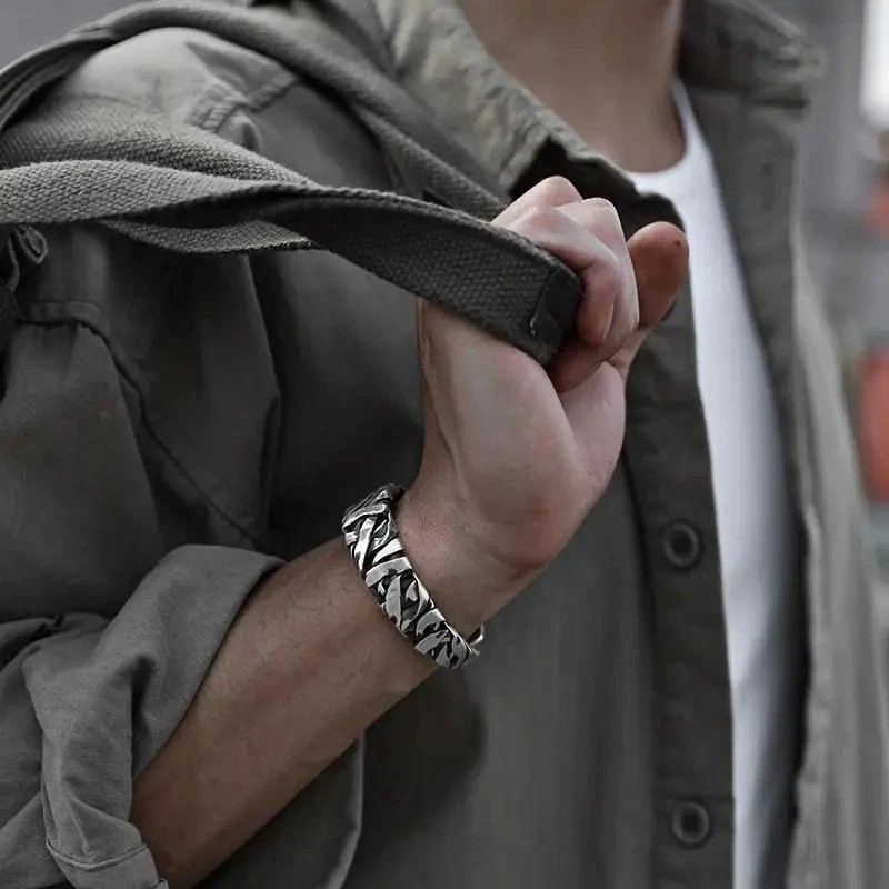 Men Bracelet Sterling Silver Retro Twisted Open Wide Bangle Cuff Bracelet – USA