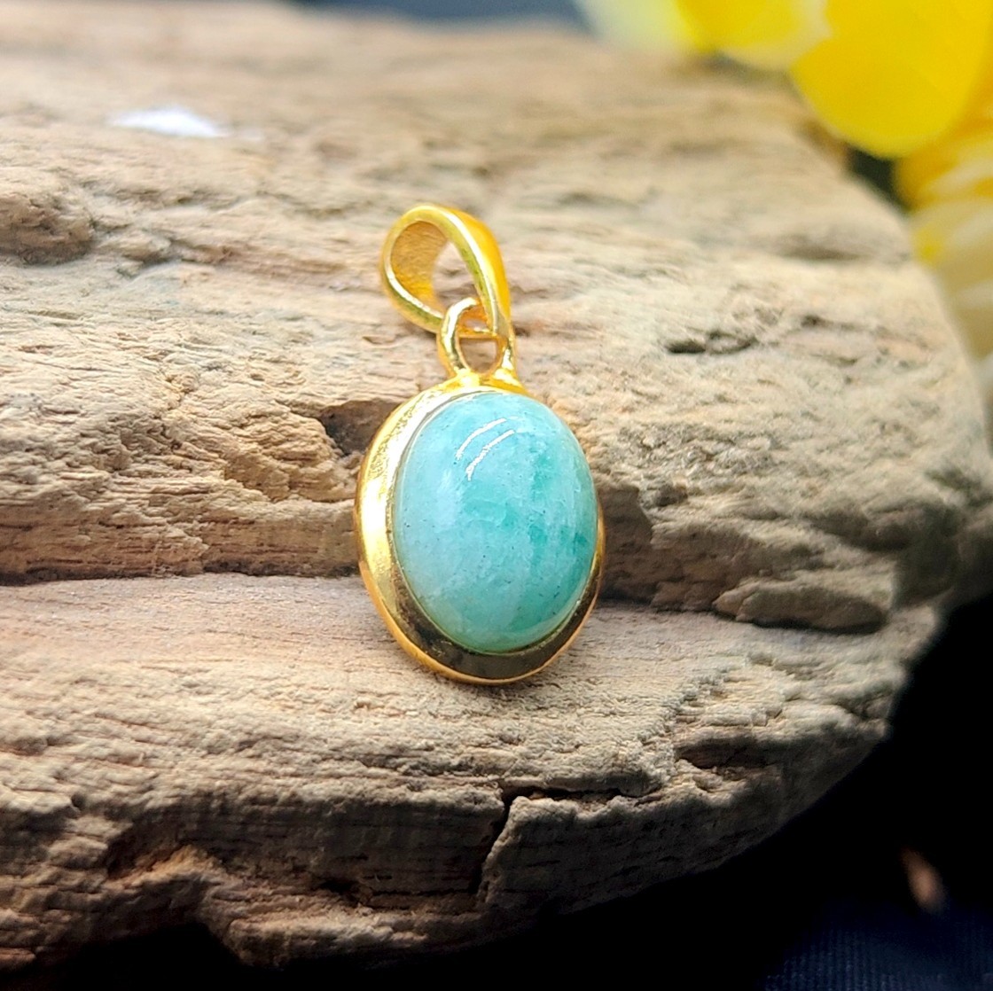 Natural Amazonite 9x11mm Oval Gemstone Pendant, Gold Plated Handmade Jewelry.