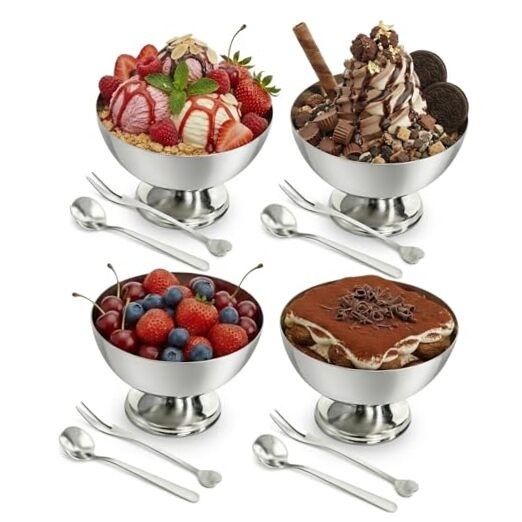 4Pcs Silver Dessert Cups – Stainless Steel Ice Cream Bowls with 8.45 ounces
