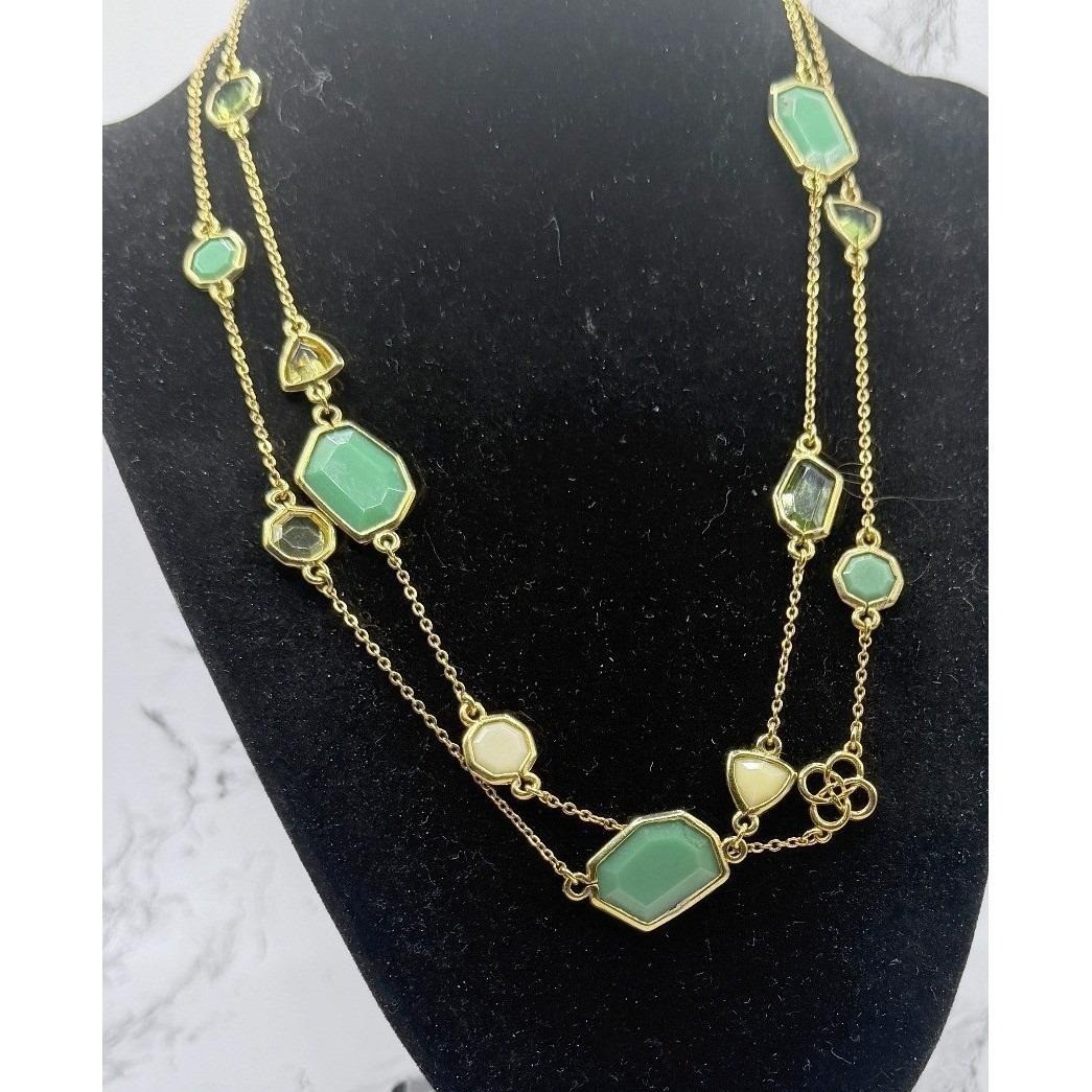 Long Green Stone Necklace Gold Chain 37″ Spring Statement Layering