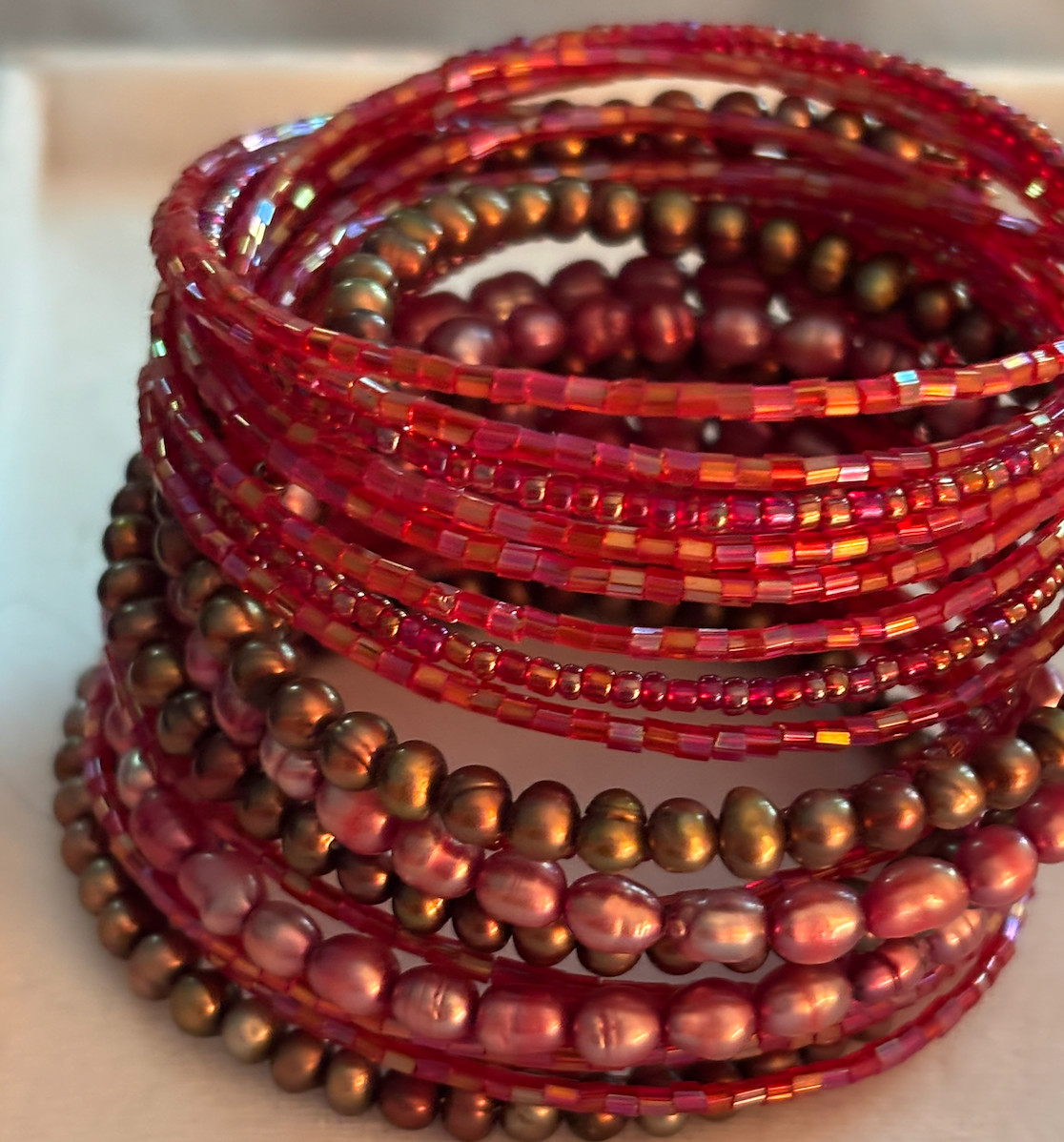 Multi-Strand Beaded Bracelet – Pink and Red and Brown