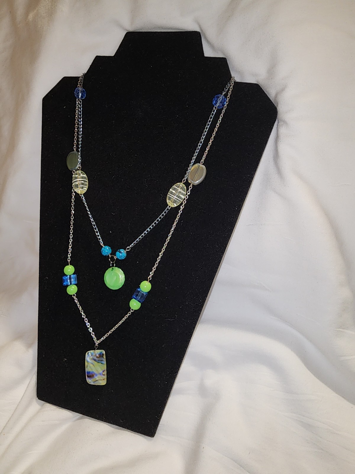 Silver Tone Layered Beaded Necklace w/ Blue Green Glass Rectangle Pendant
