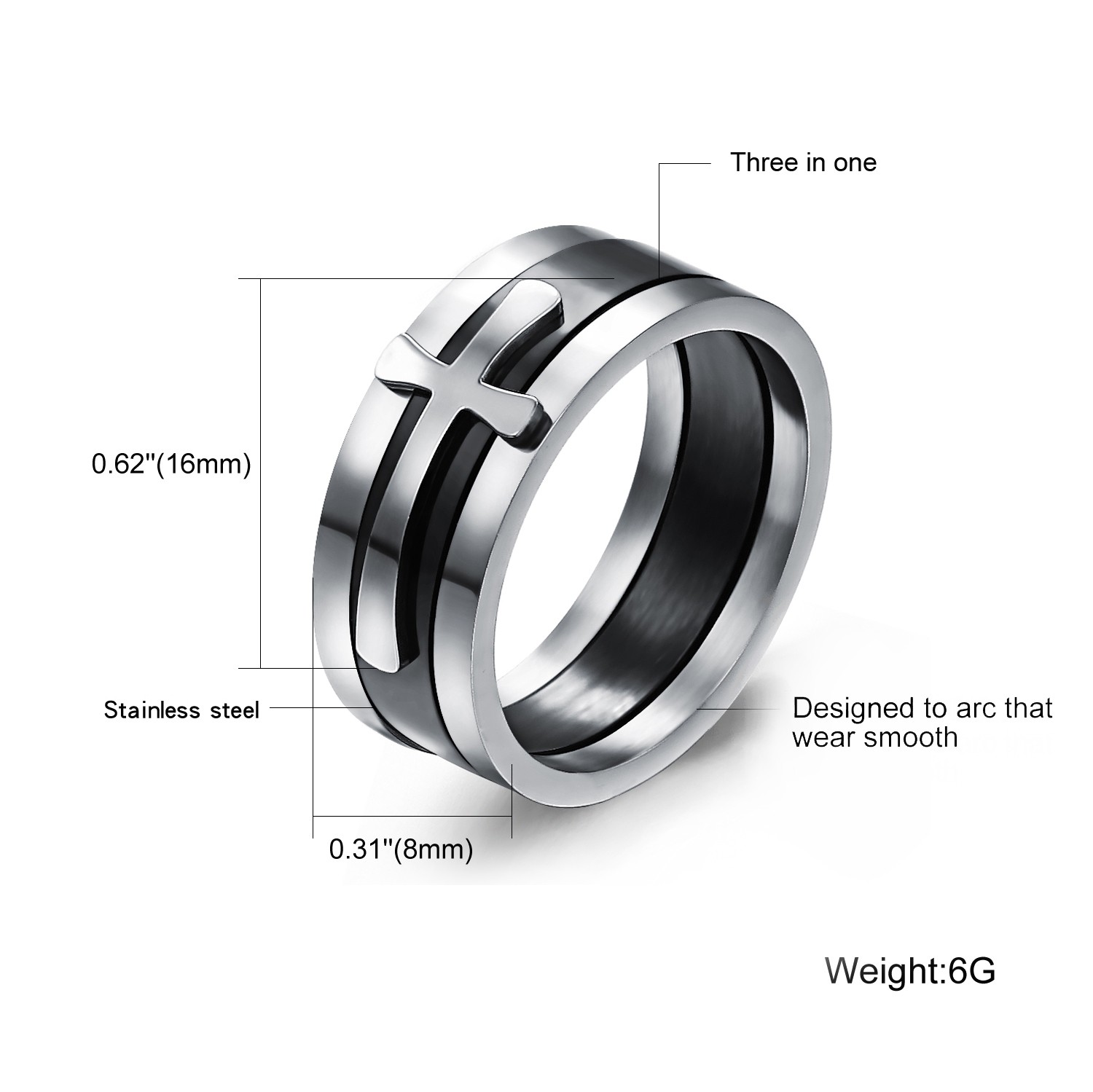 Men‘s Religious Cross Stainless Steel Ring Three-in-One Removable Band Size 7-10