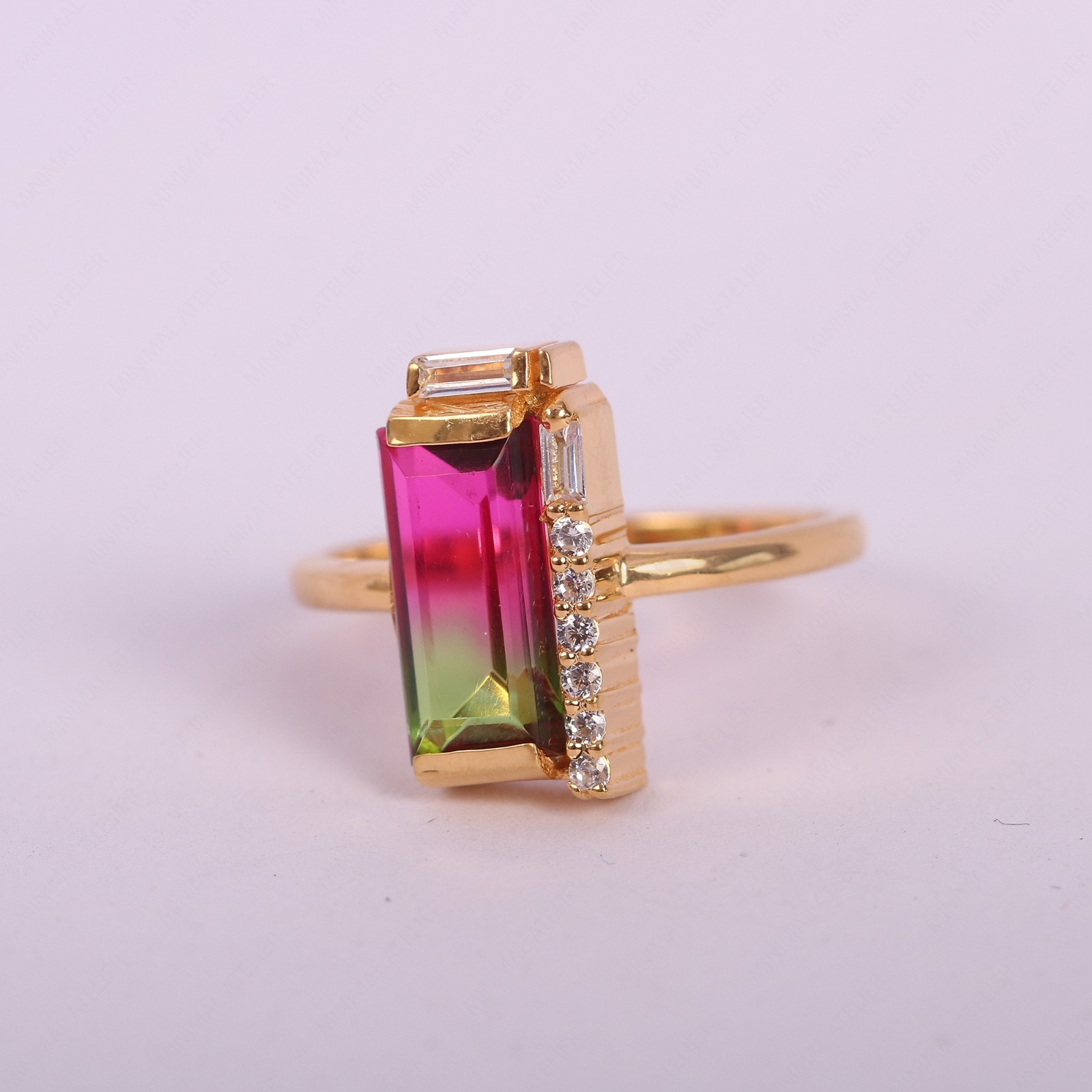 Baguette Cut Watermelon Tourmaline Engagement Art Deco Ring, Antique Jewelry
