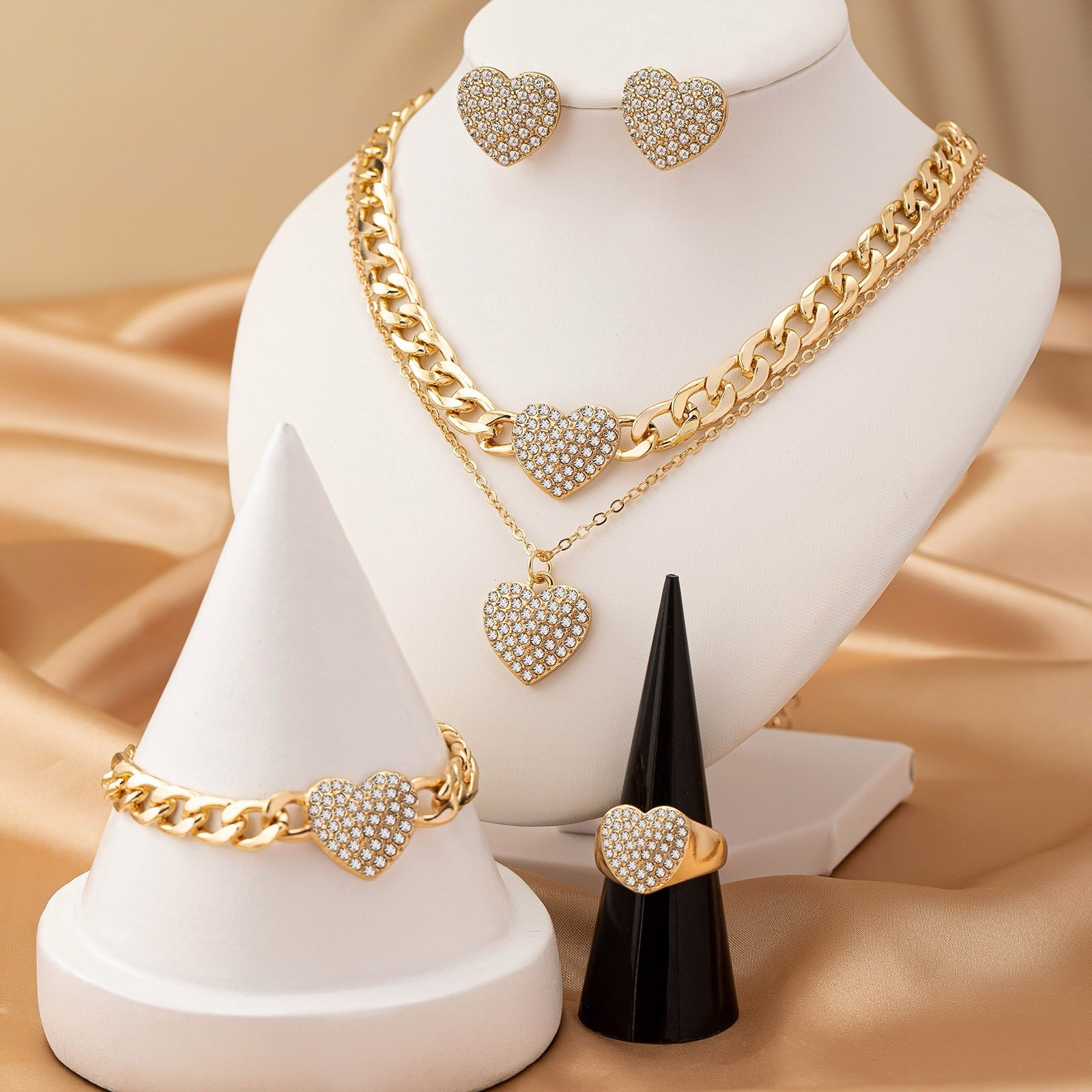 Gold Tone Heart Clear Crystal Jewelry Set: Necklace Bracelet Ring Earrings