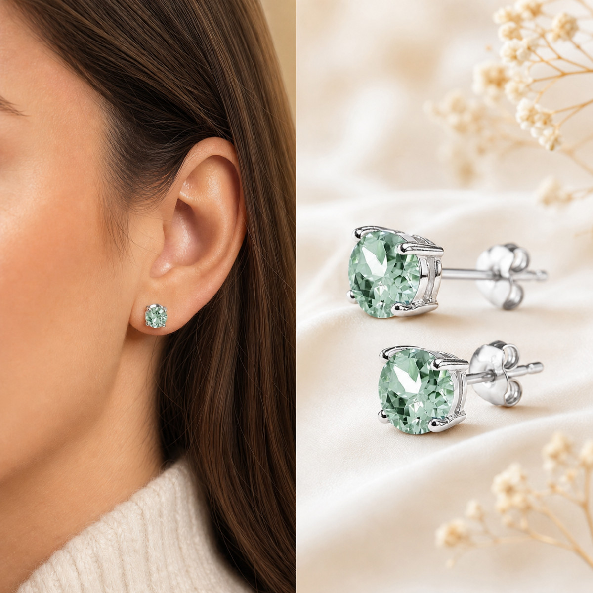 925 Sterling Silver Green Amethyst 6mm Round Stud Earrings 2.00ct Women Gift