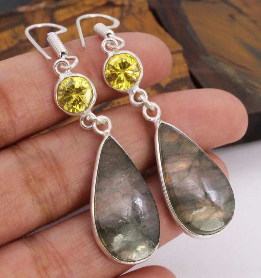 Firey Labradorite Citrine 925 Silver Plated Handmade Earrings of 2.2″