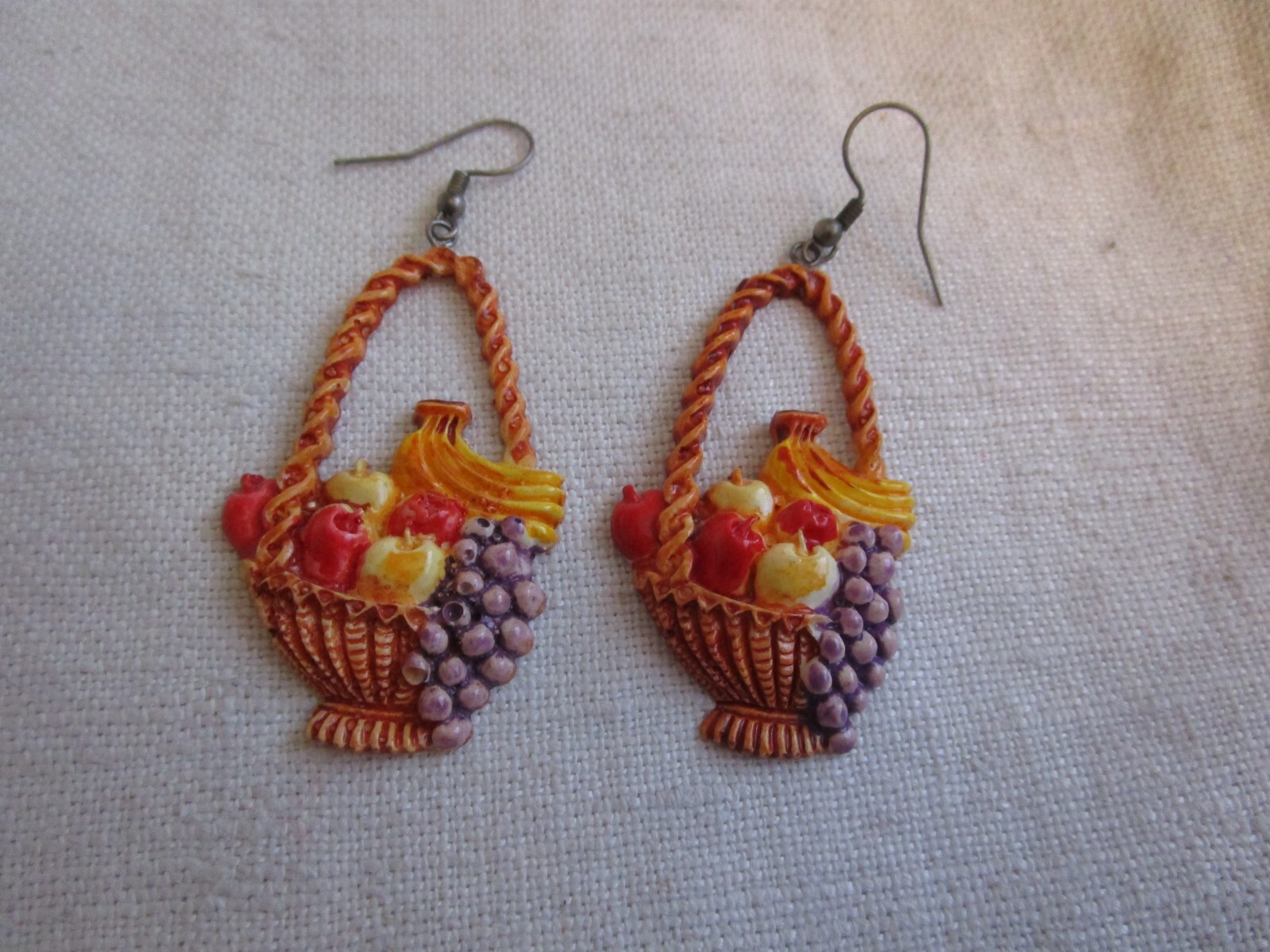 Wood Basket/fruits Dangle pierced Earrings, enamel/ceramic/wood NO24-29