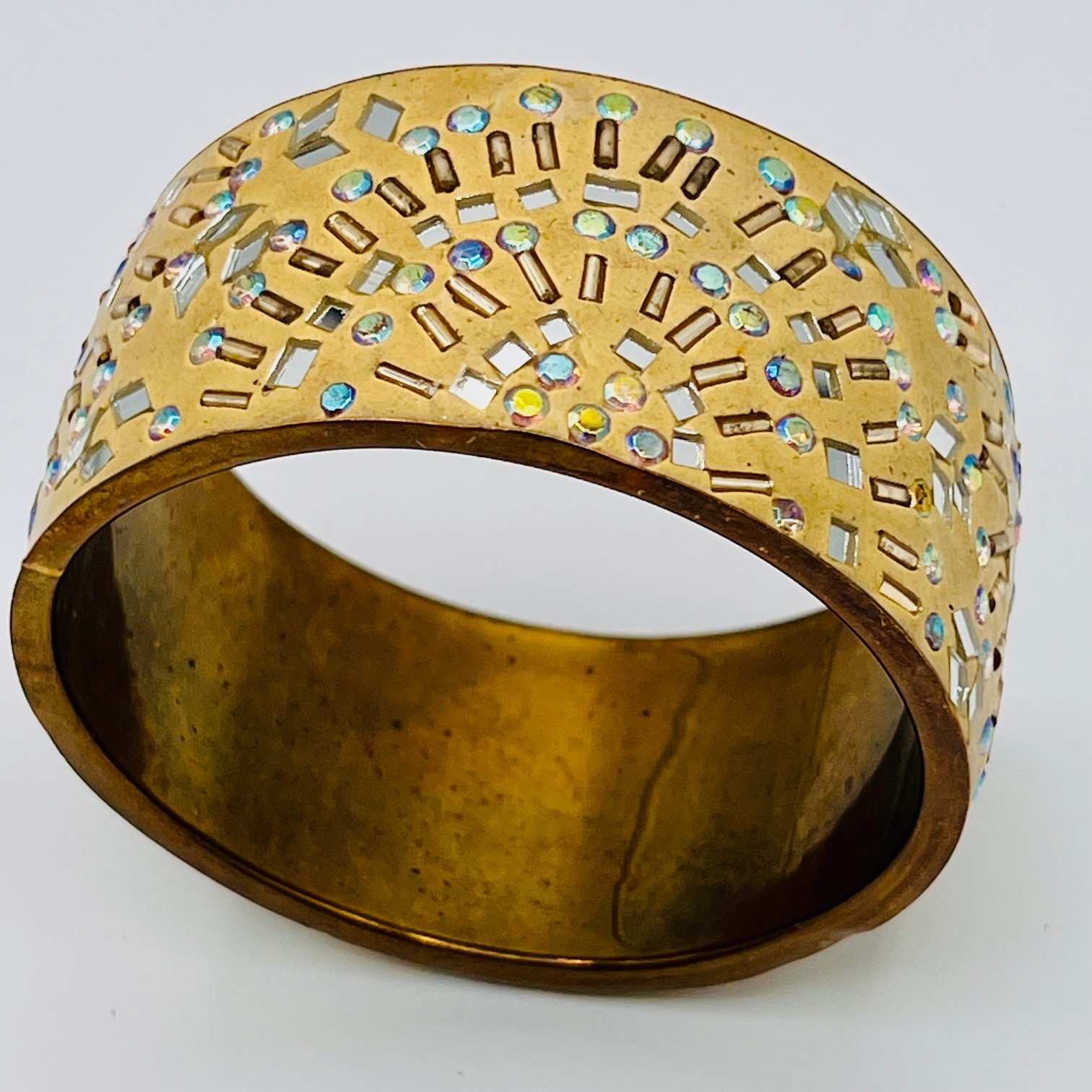 Wide Cuff AB Rhinestone Mirror Studded Runway Bracelet Gold Tone Statement