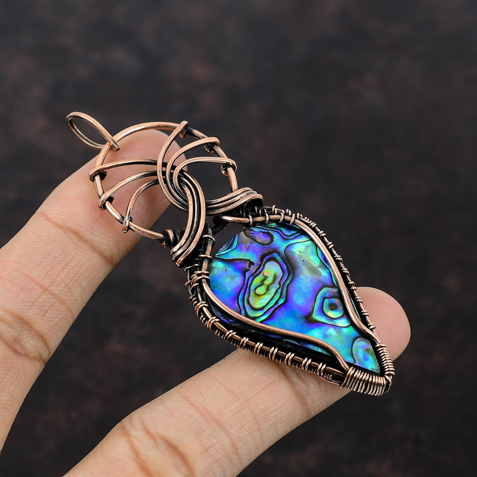 Abalone Shell Gemstone Wire Wrapped Pendant Copper Jewelry For Girls 3.35″
