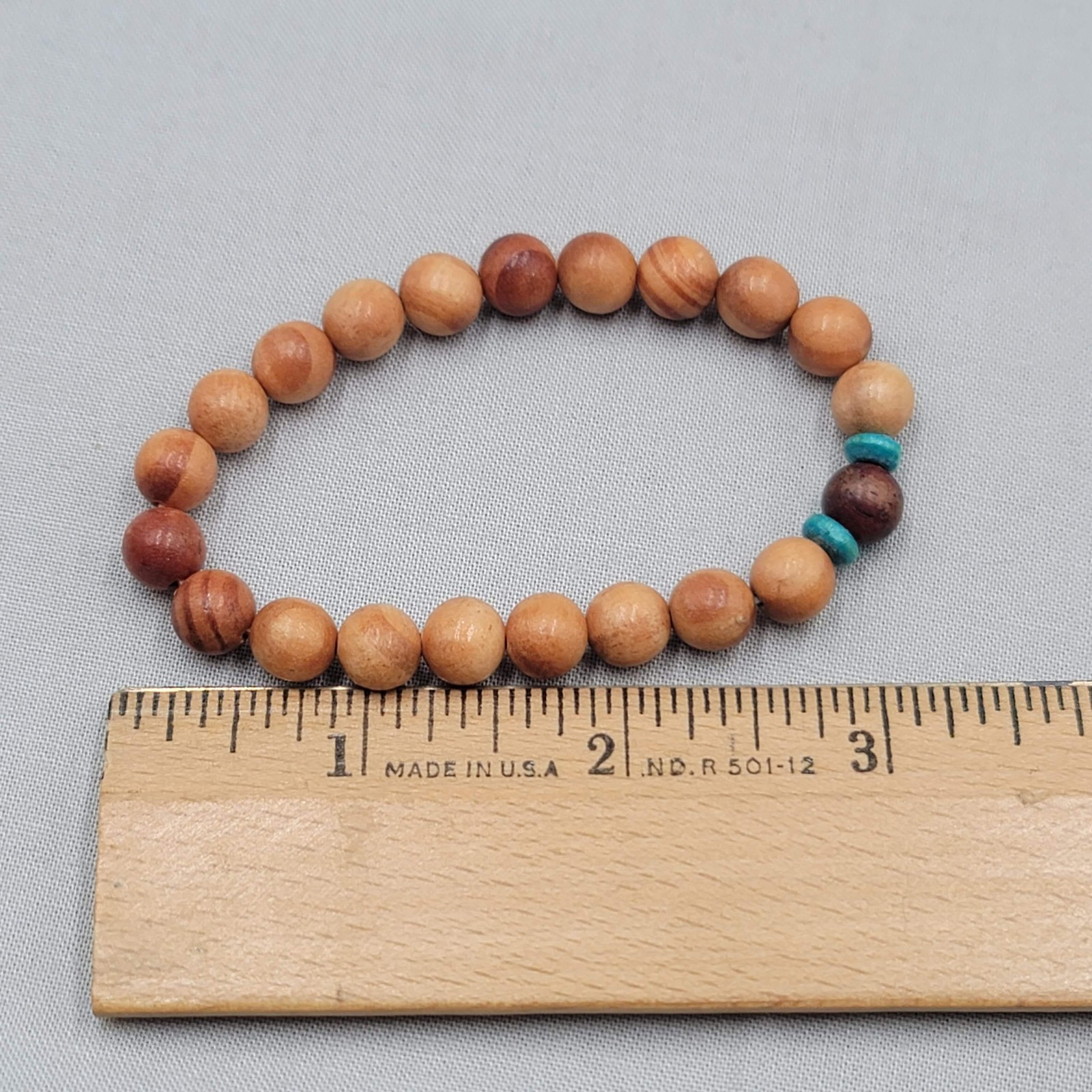 Brown Wood Beaded Bracelet Womens 6.25 In Turquoise Accent Stretch Boho Jewelry