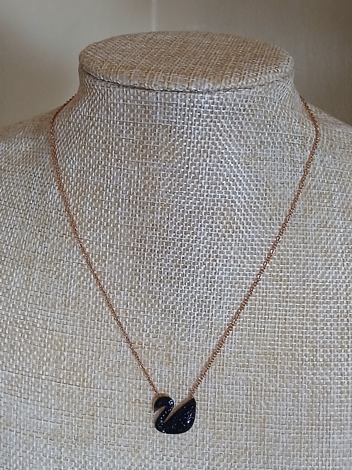 Black Swan W/Crystals Rosetone Stainless Steel Pendant Necklace 16-18″