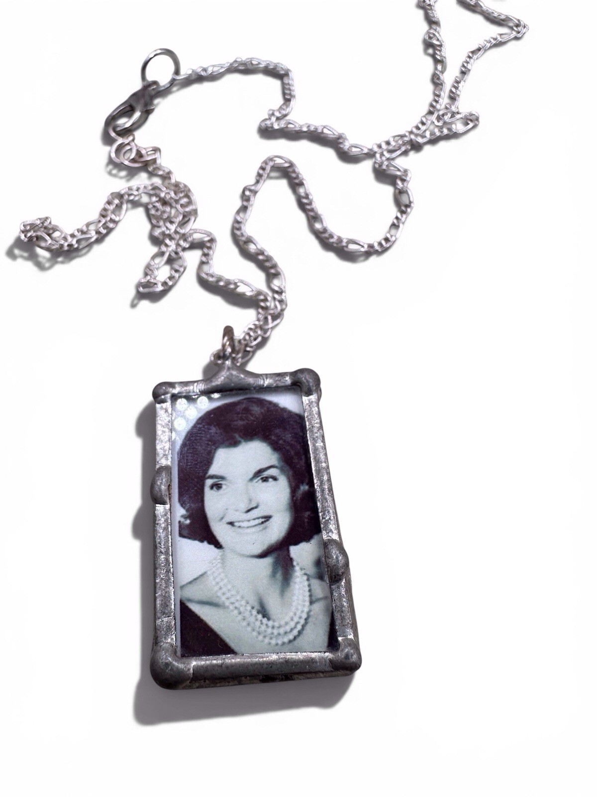 Silver Tone Rectangle Photo Holder Pendant Necklace, Cable Chain, Lobster