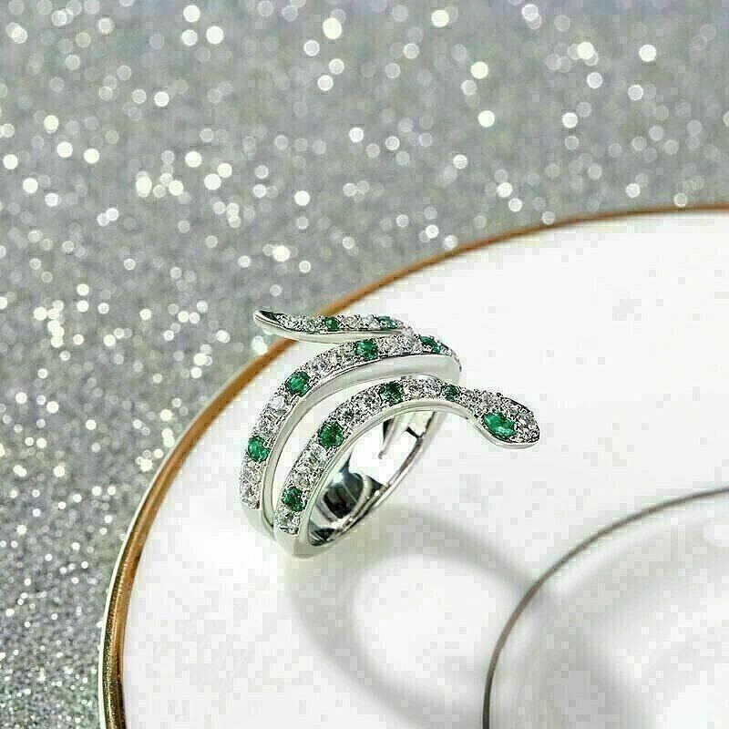 2 Ct Round Simulated Emerald & Diamond Band Snake Ring In 14K White Gold Plated