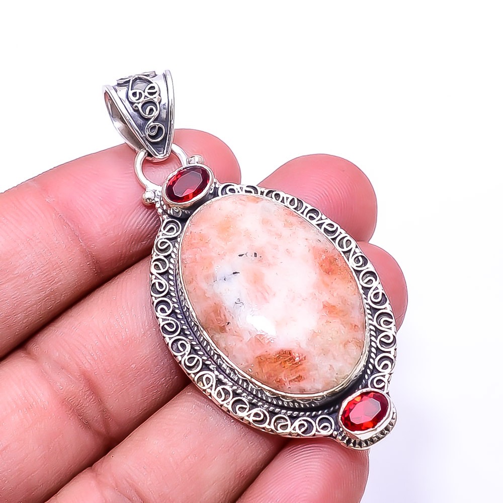 Golden Sunstone & Red Garnet Fine Art 925 Sterling Silver Pendant 2.50″ P13