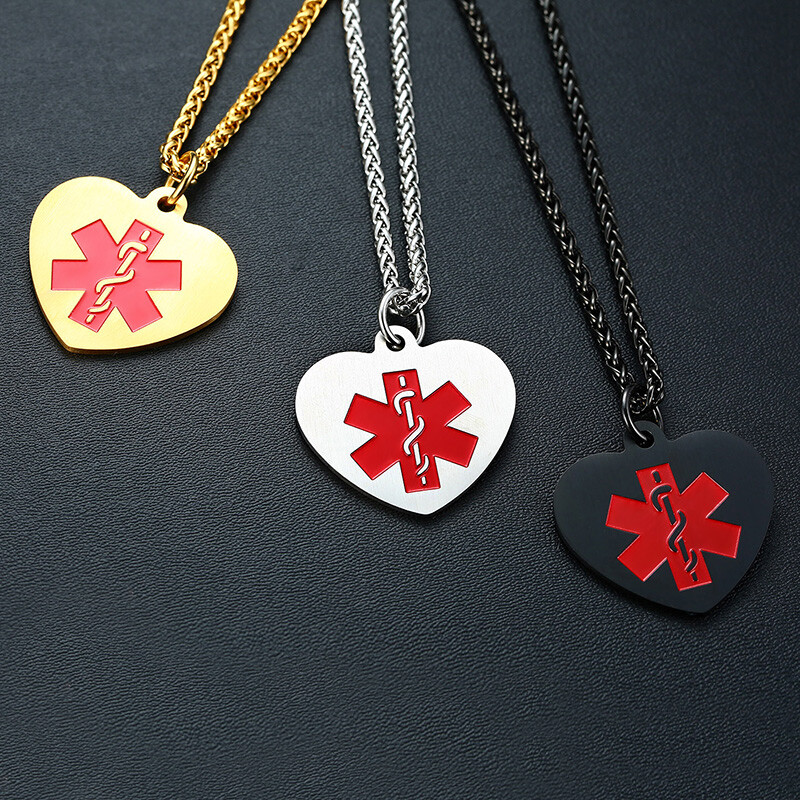 Medical Alert ID Women Men Necklace Love Heart Pendant Personalized Engraving