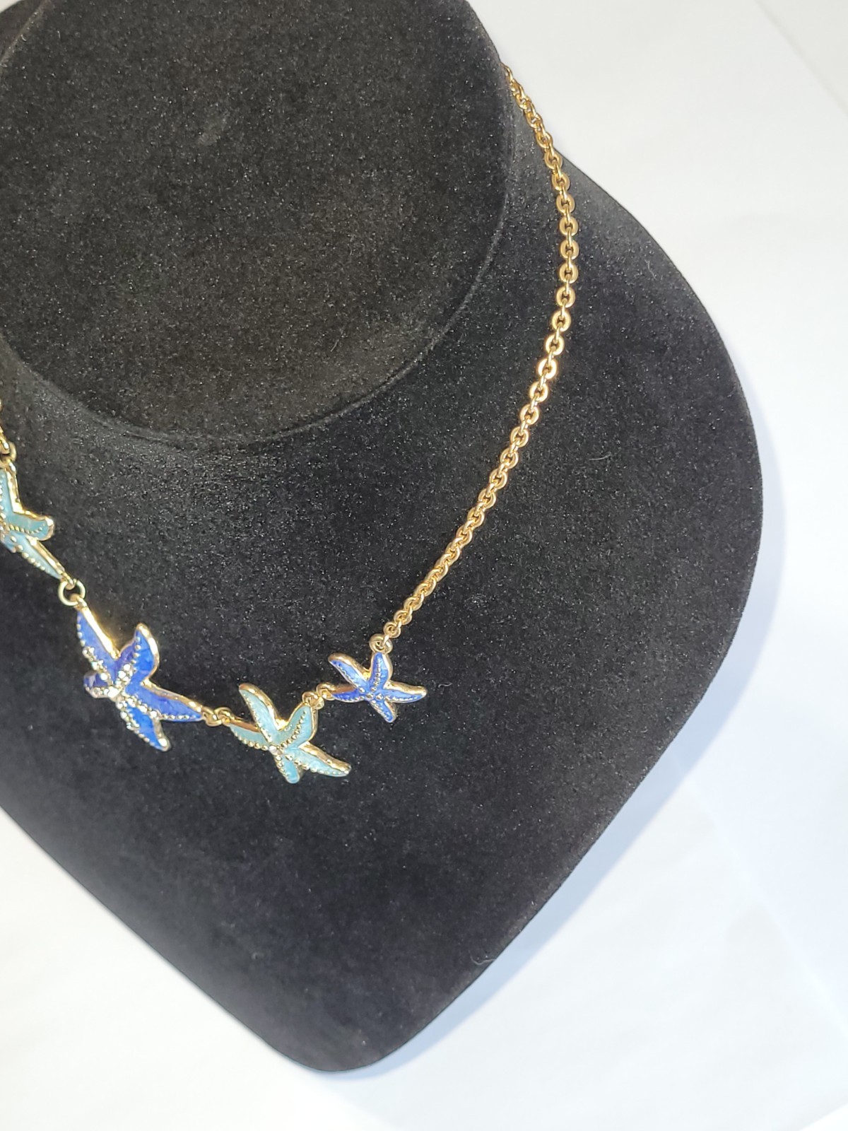 Beach Starfish Necklace Gold Tone Blue Green Enamel Clear Rhinestone Ocean…