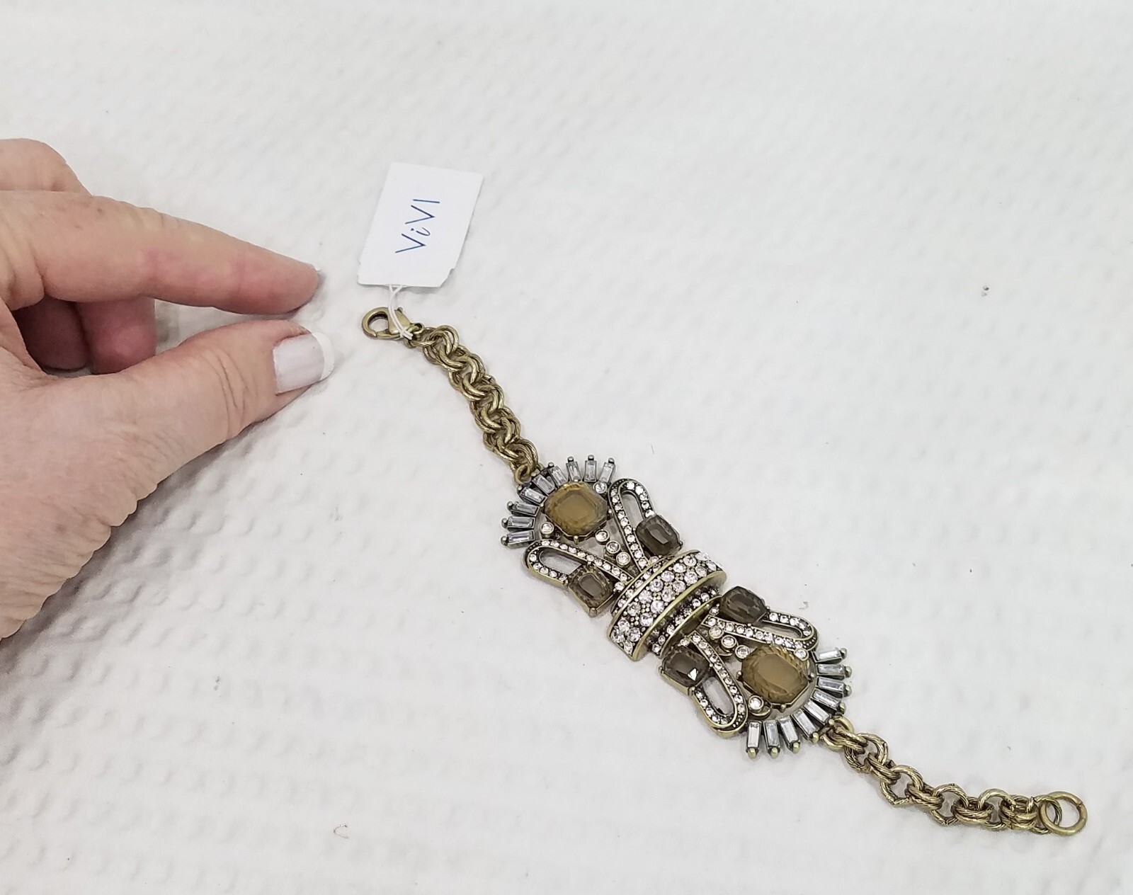 New! Signed ViVI White and Smoky Taupe Crystal Art Deco Brass Tone Bracelet