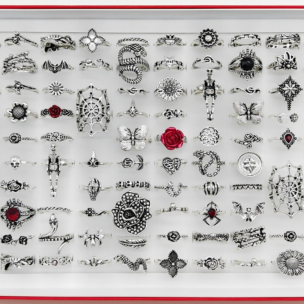 Wholesale 50pcs Mix Punk Gothic Vintage Rings Alloy Plated Silver Skull Ring Lot