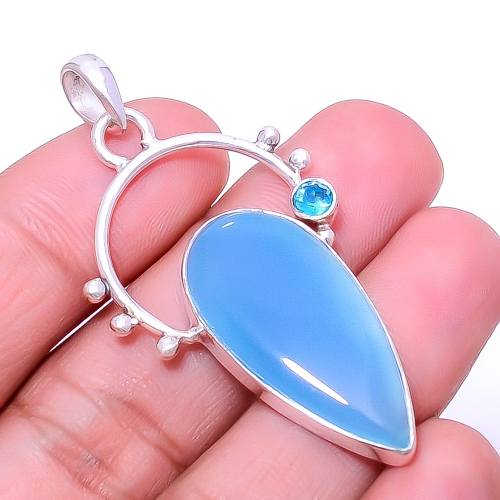 Chalcedony – Brazil & Blue Topaz 925 Sterling Silver Pendant 2.11″ P_9386_155_18