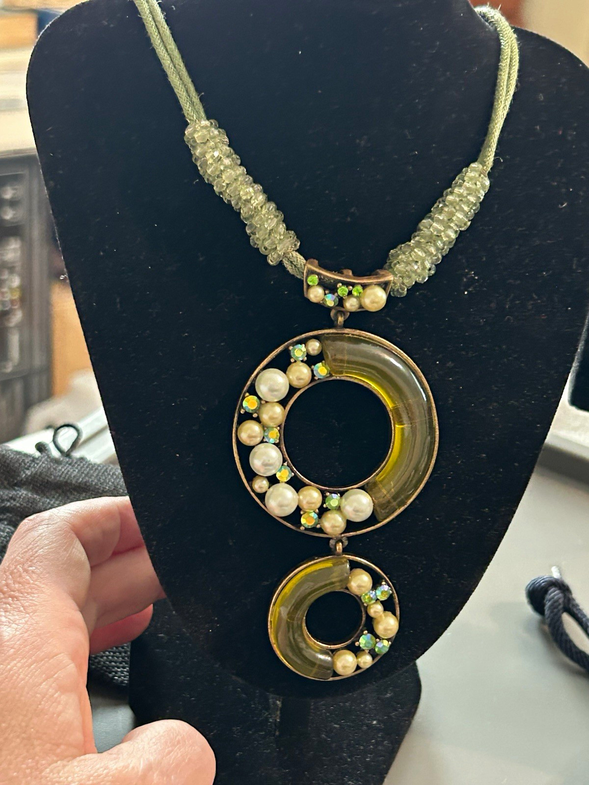 Green Cord Necklace w/ Double Circle Round Charm Pendant White Pearl & Glass