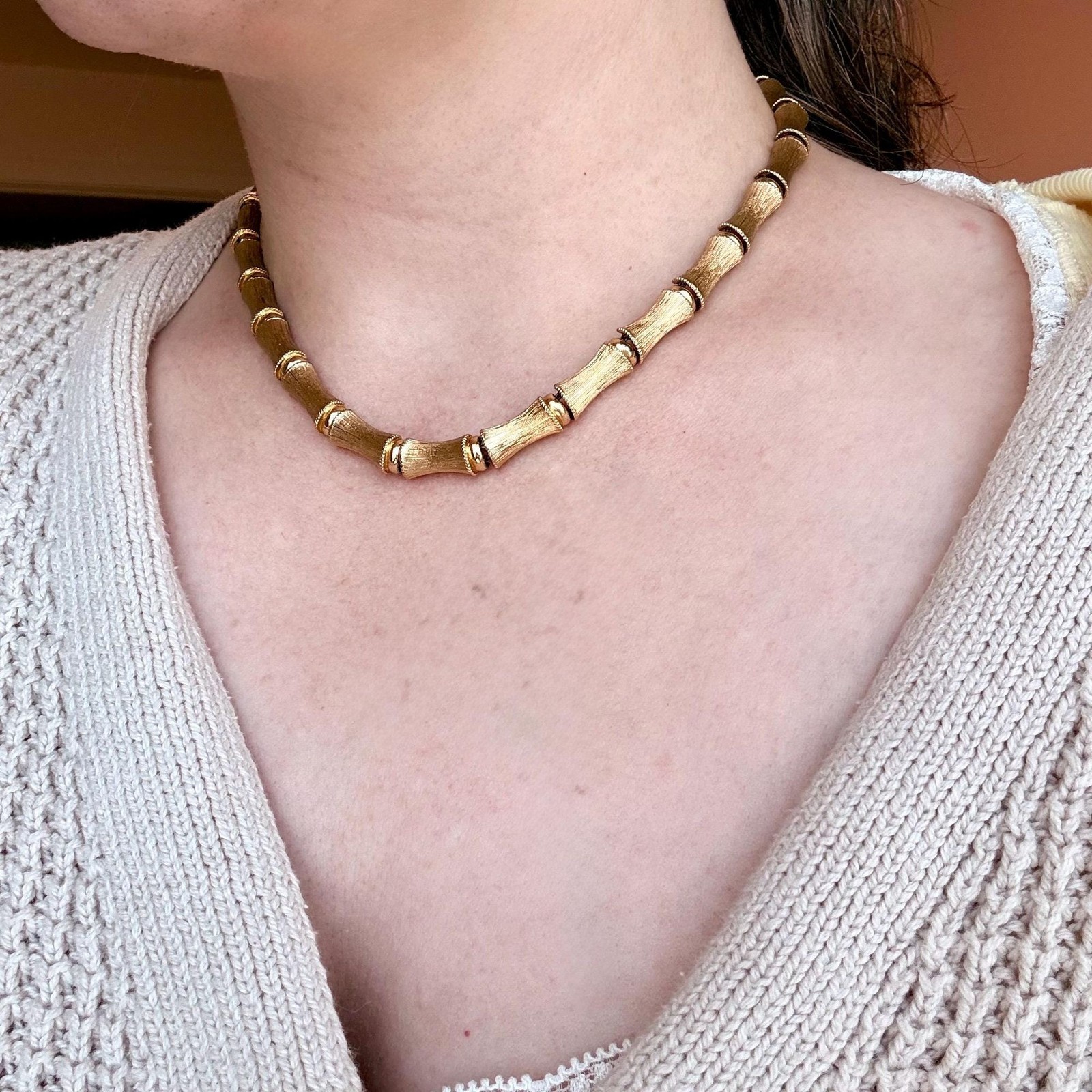 Vintage Monet Gold Bamboo Link Necklace Signed Textured Choker