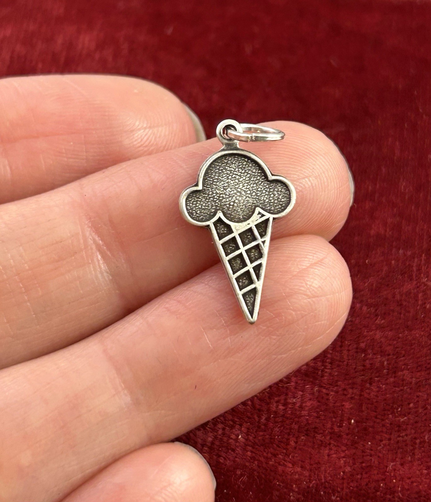 Ice Cream Cone Charm Dessert Pendant Novelty Antiqued Silver Plated Brass