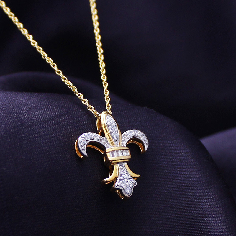 Fleur-de-Lis Pendant Necklace Simulated Diamond 14k Yellow Gold Plated Sterling