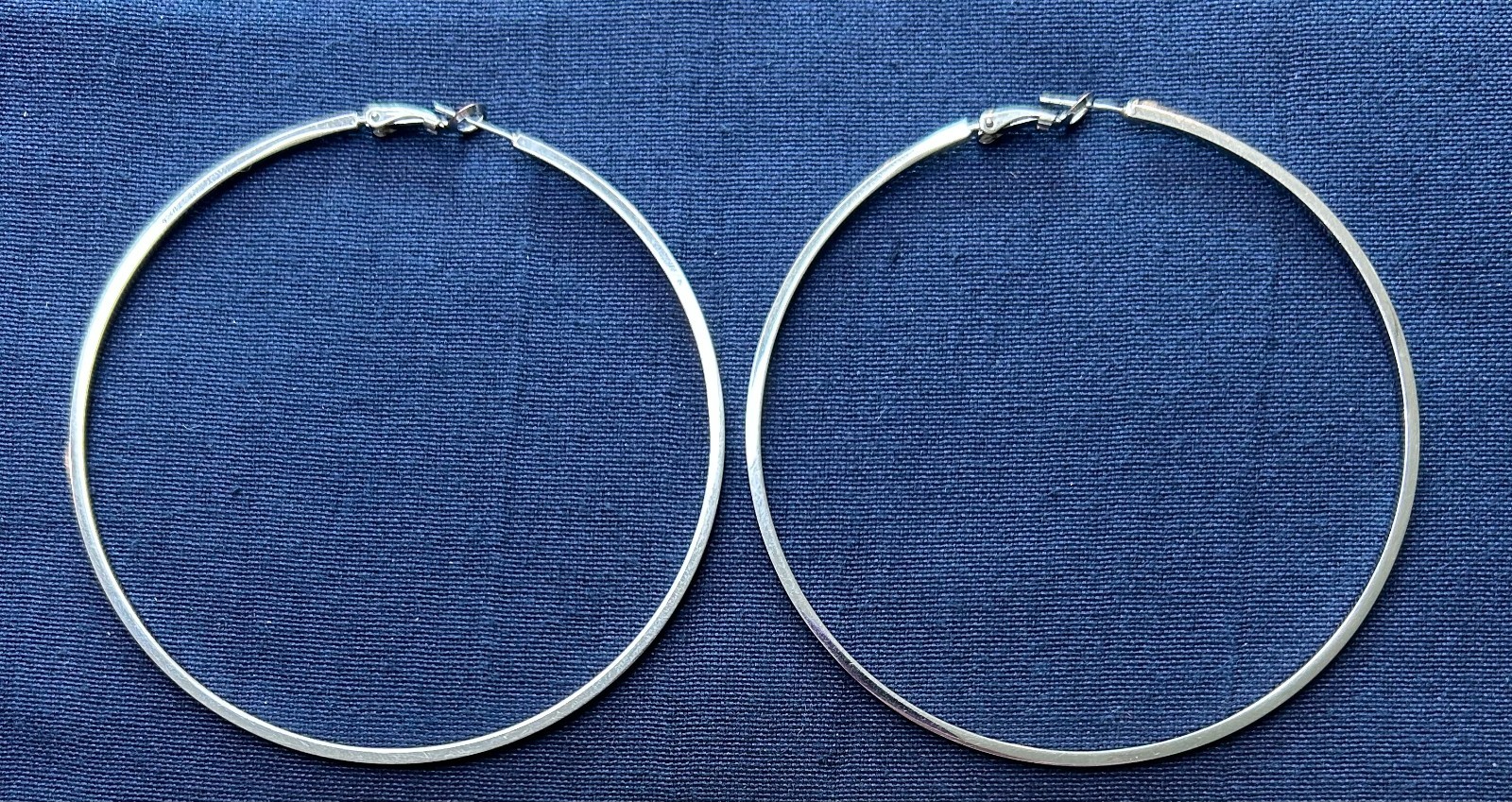 Hoop Earrings Large Flat Edge Silver Tone 3.5 Inches