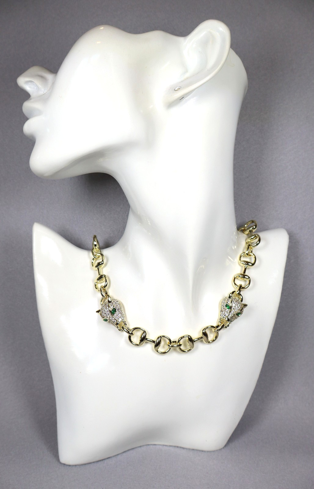 Statement Gold Panther Necklace Large Bling Cubic Zirconia Green White Gemstones