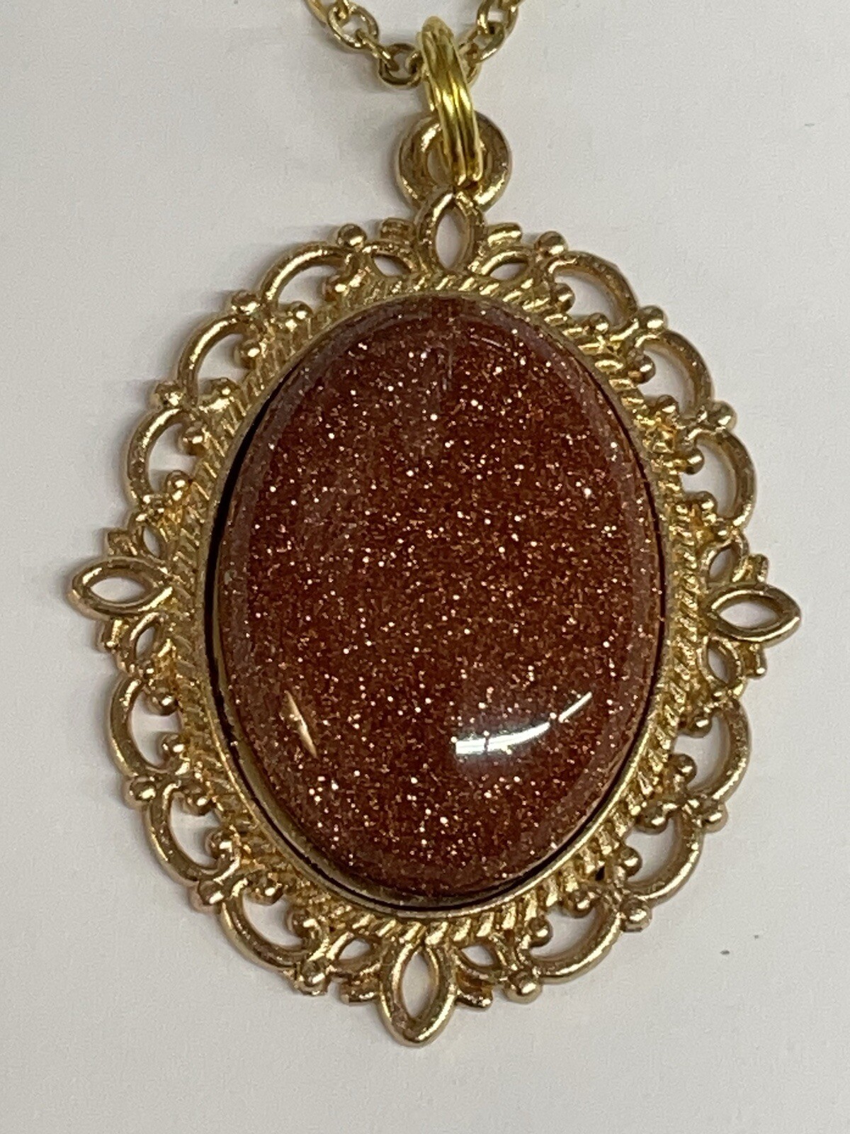 Goldstone Oval Gemstone Gold Necklace 24” Chain ALL Stainless NEW