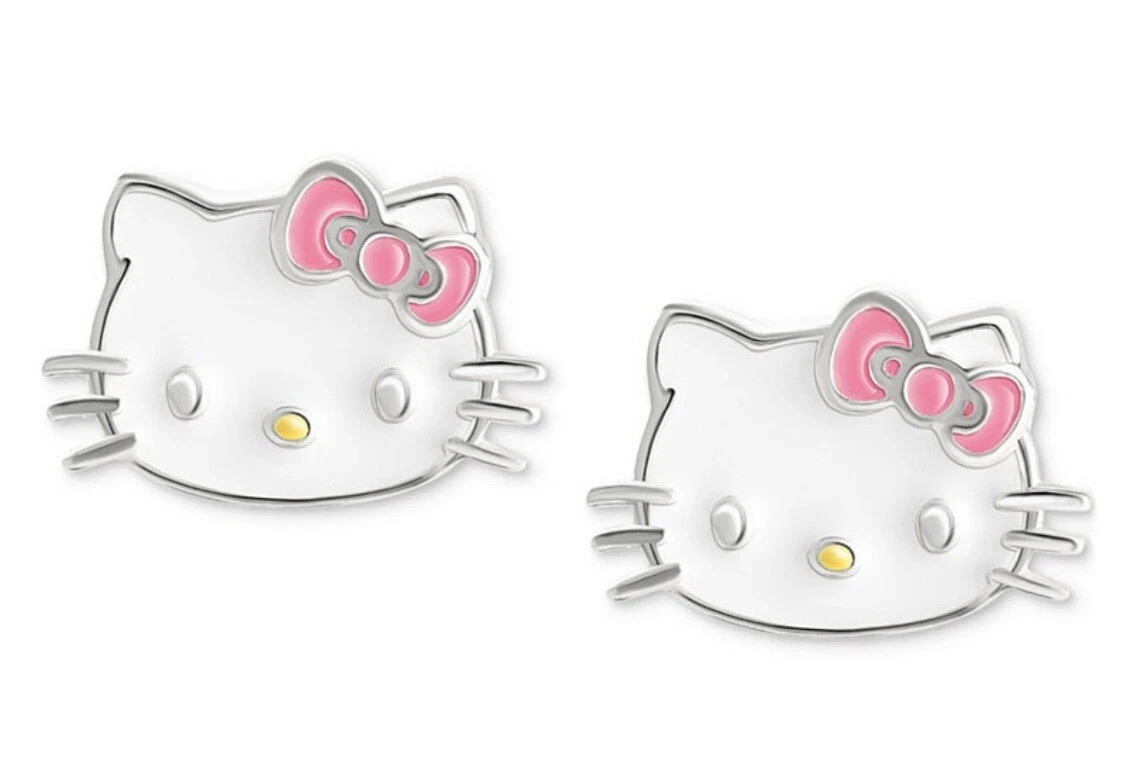 Hello Kitty 2-Pc. Set Enamel Kitty Stud Earrings in Sterling Silver & Dish NWT