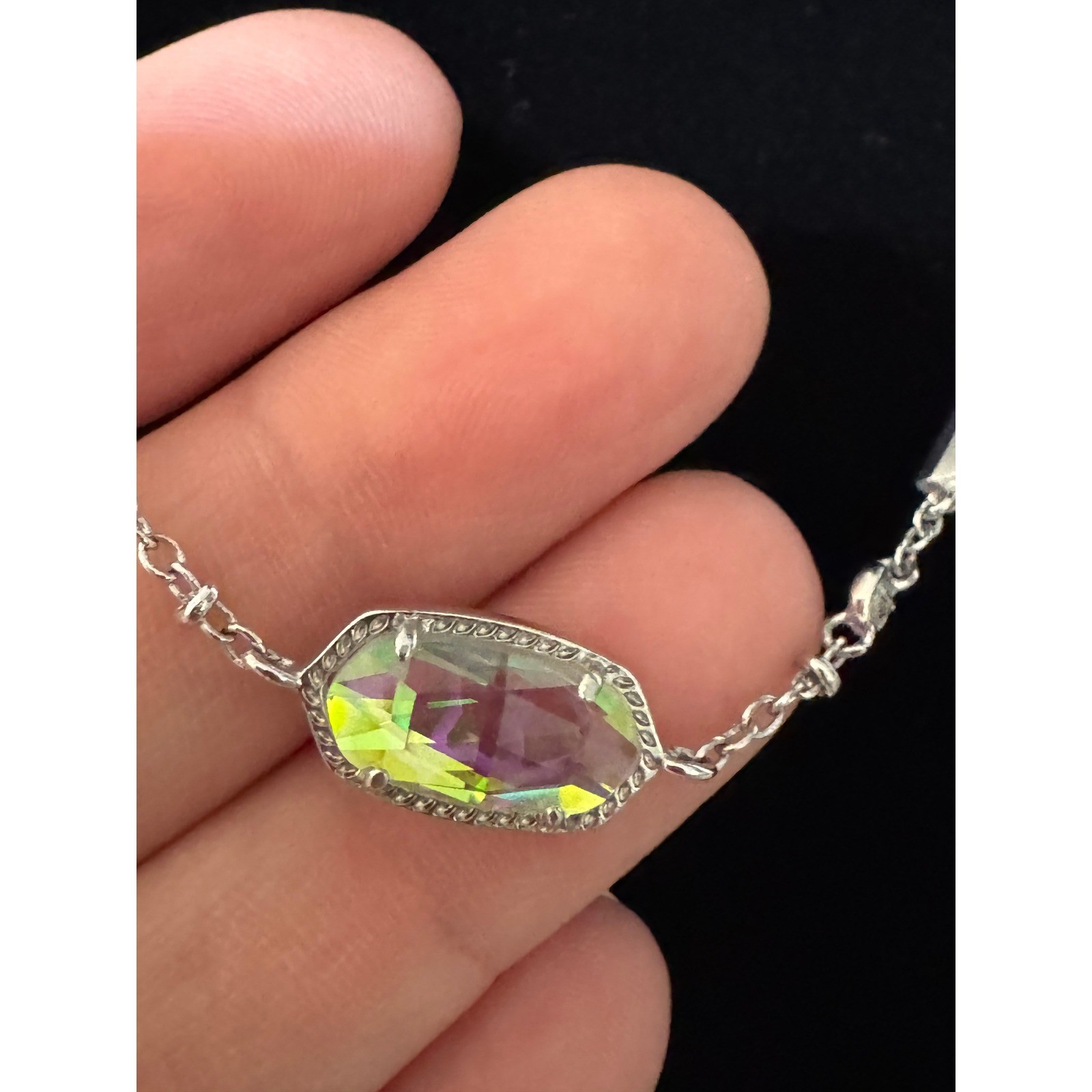 Kendra Scott Necklace Adjustable Silver Iridescent Dichroic Glass Bolo Bead