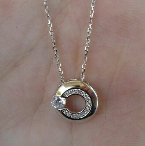 OPEN CIRCLE NECKLACE PENDANT W/ LAB SIMULATED DIAMONDS / 925 STERLING SILVER