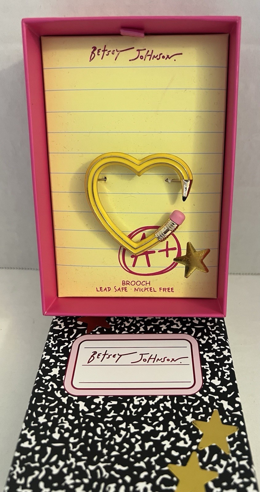 Betsey Johnson Brooch Heart Pencil Yellow With Star Accent NWT With Box