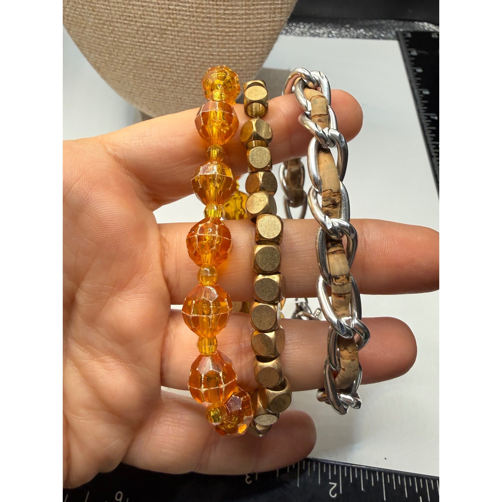 Lucky Brand Bracelet Set 3PC Silver Cork Chain Amber Bead Gold Geometric Boho