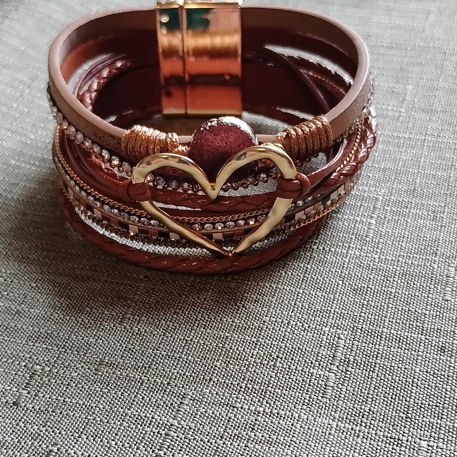 Brown Faux Leather Multi-Strand Wrap Bracelet Gold Heart Magnetic Clasp. 6090