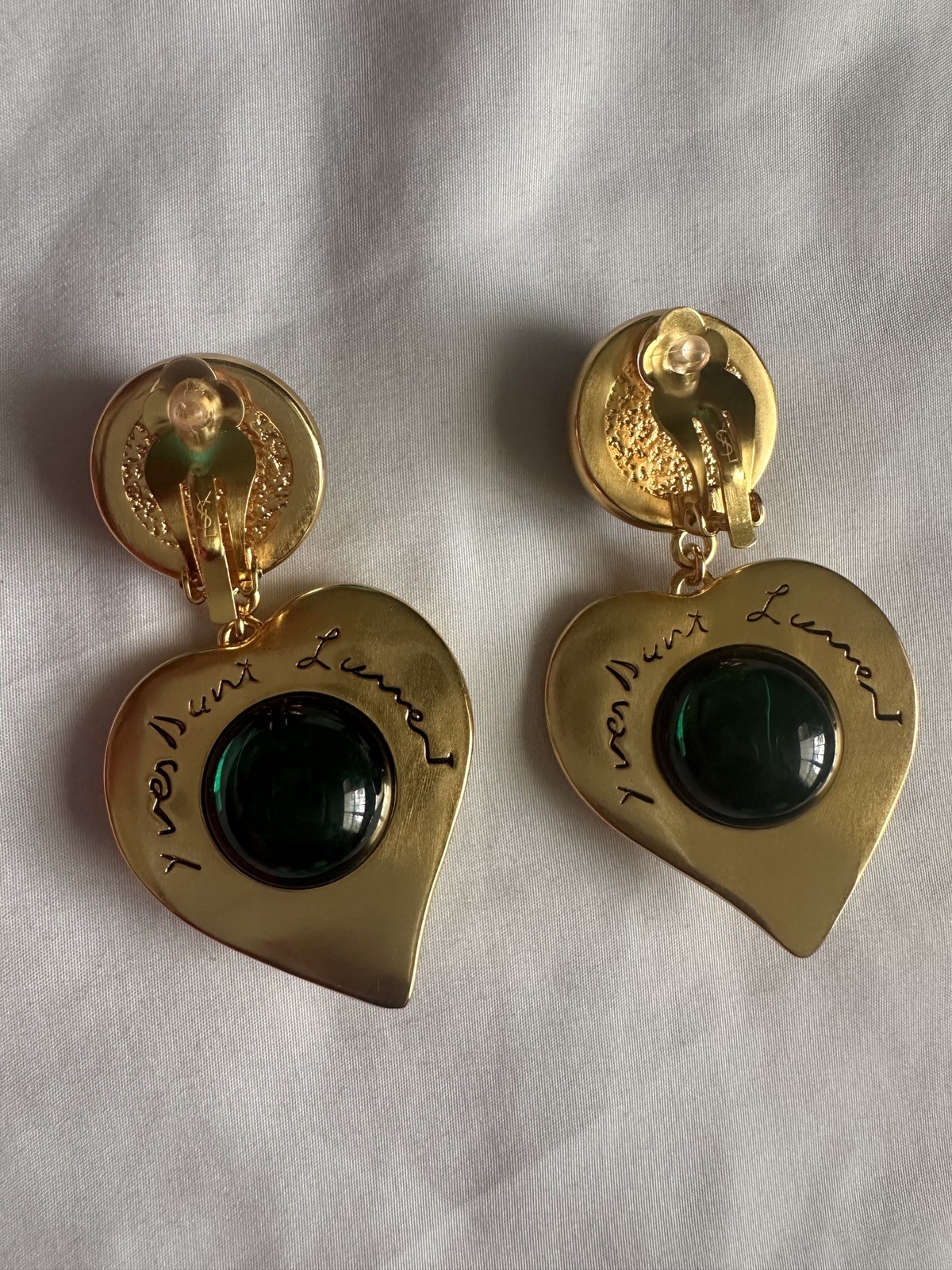 Yves Saint Laurent YSL Gripoix Emerald Sapphire Heart Logo Double Drop Earrings
