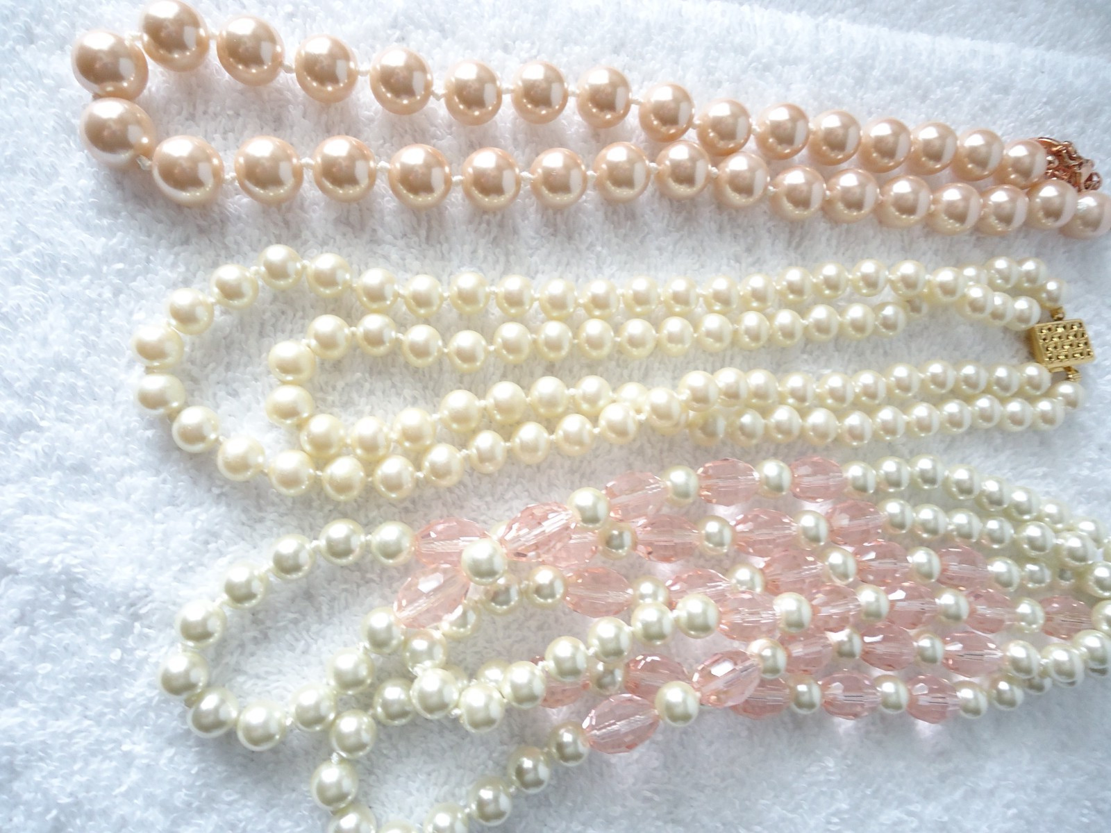3 Faux Pearl Necklaces Cream, White, Pale Peach Color W/Pale Pink Glass Beads