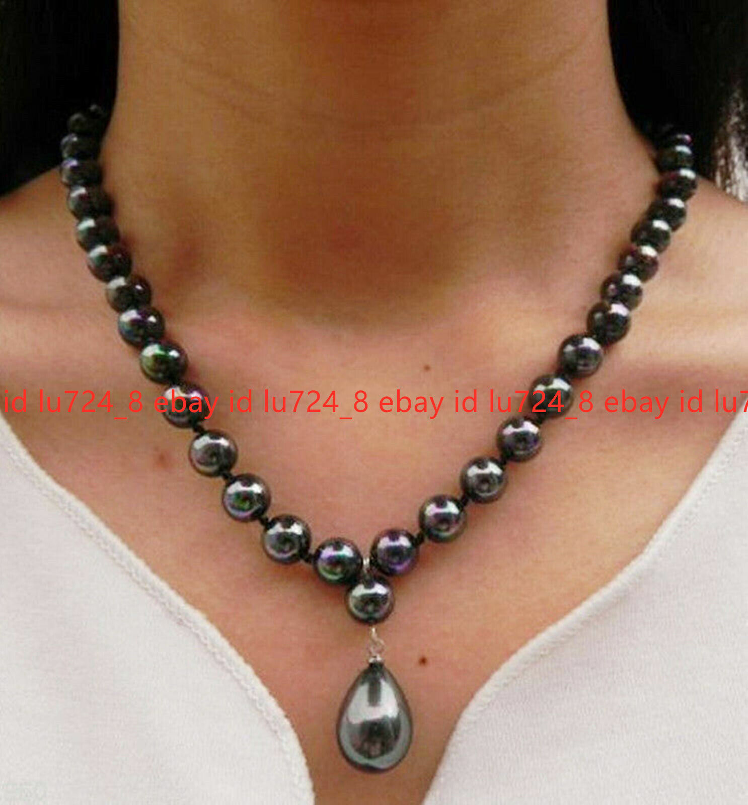 8mm Round South Sea Black Shell Pearl 12x16mm Drop Pendant Necklace 14-28″