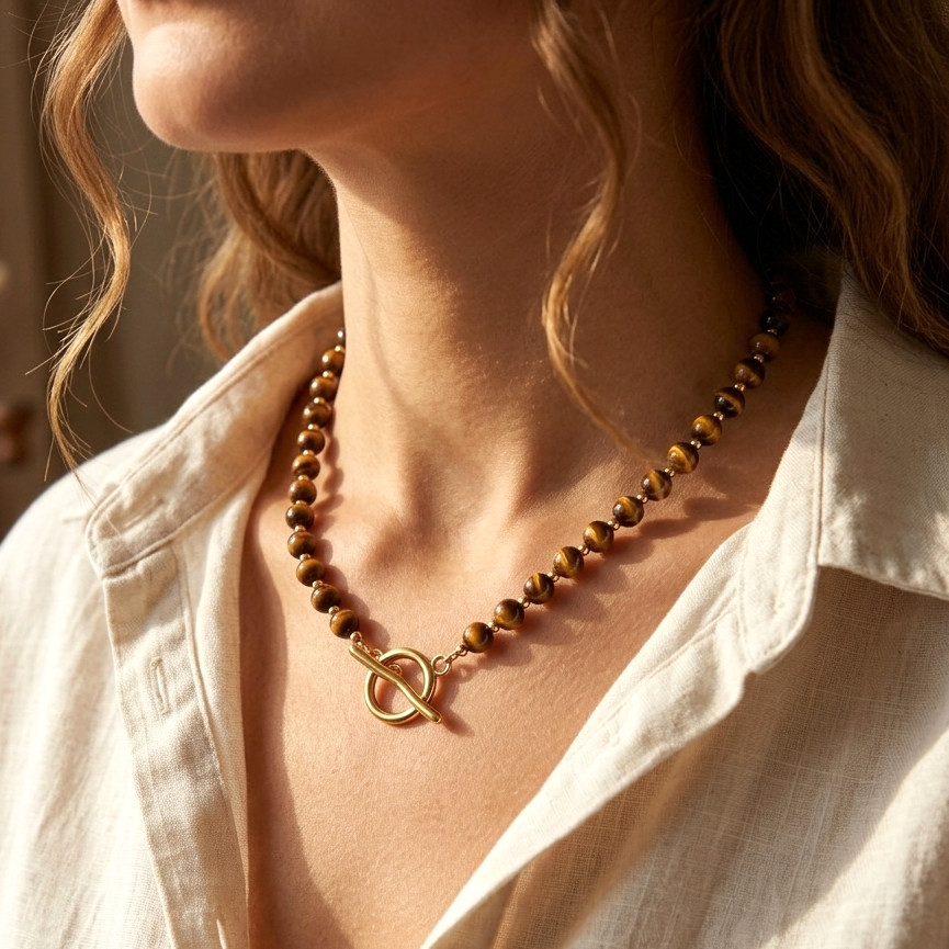 Tiger’s Eye Choker Necklace | Courage Confidence Energy Gold Toggle Jewelry Gift