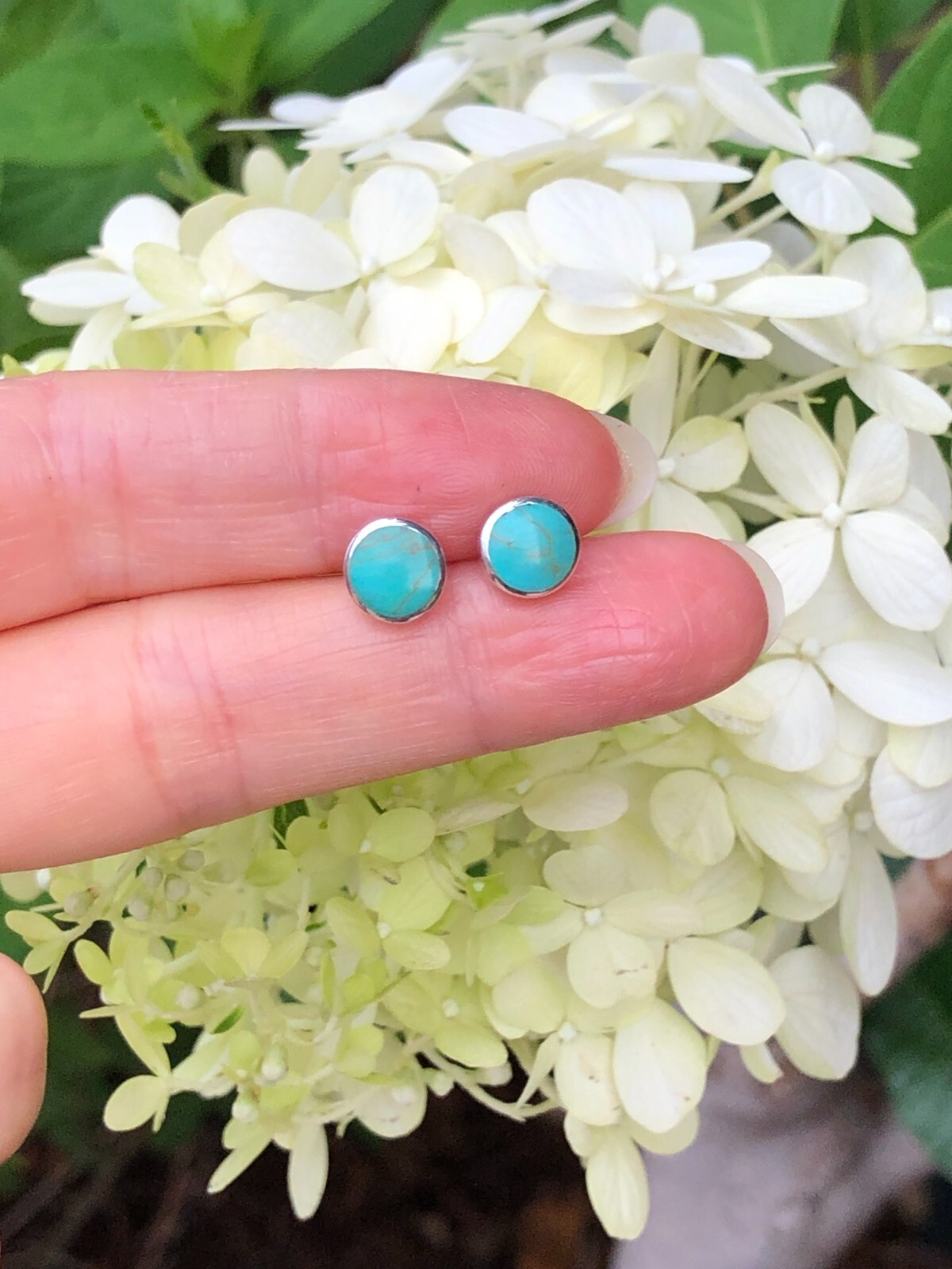Round Turquoise Stud Earrings 925 Sterling Silver Post Small 7mm/0.28″