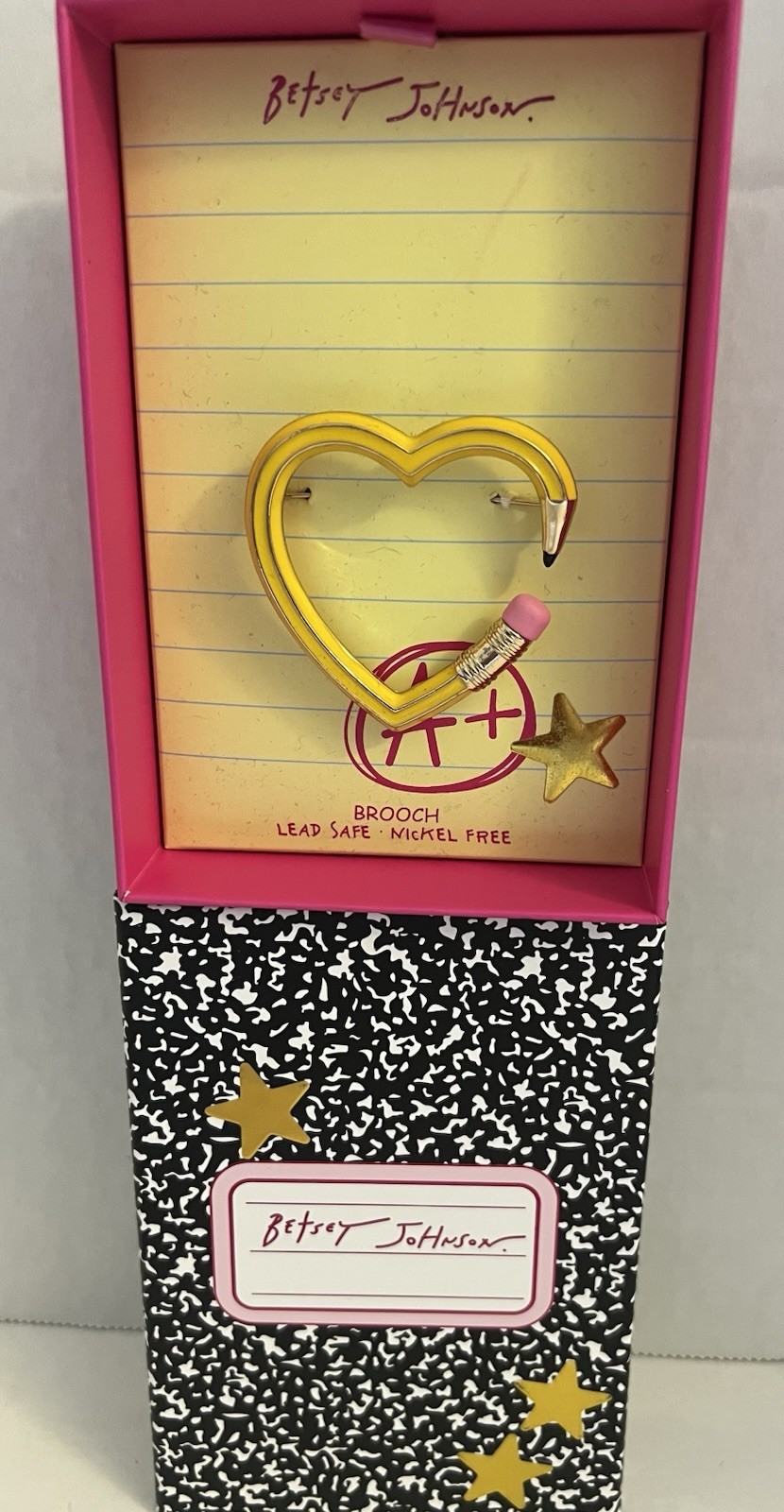 Betsey Johnson Brooch Heart Pencil Yellow With Star Accent NWT With Box