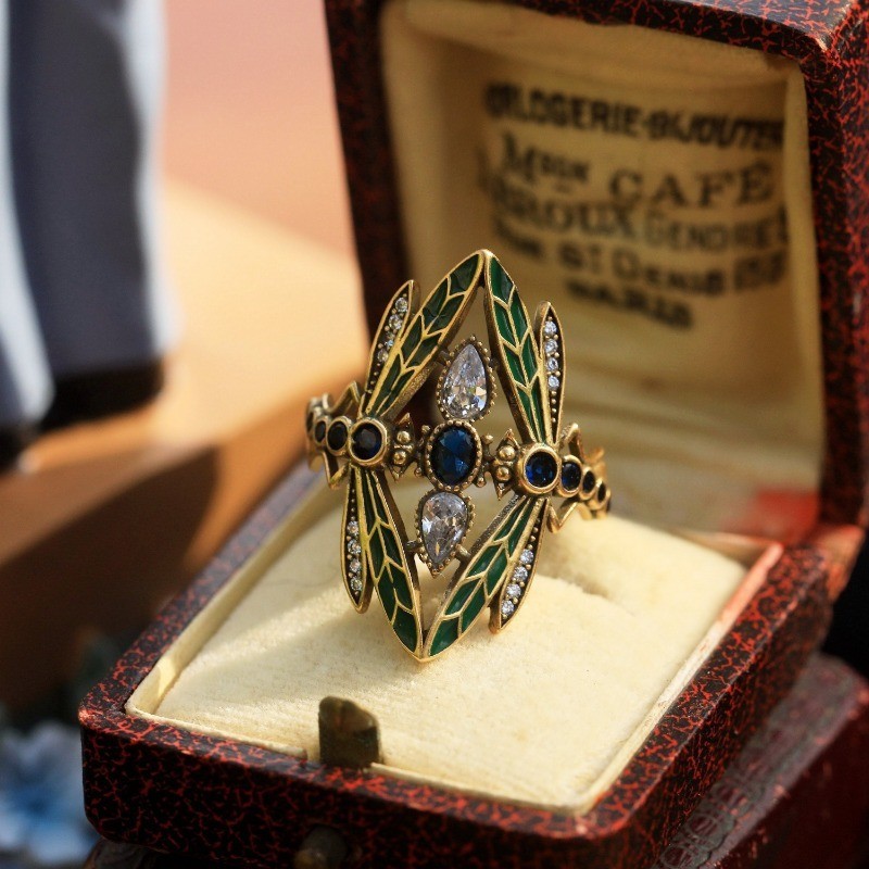 Vintage Dragonfly Ring Blue Cubic Zirconia Gothic Adjustable Statement Ring Gift