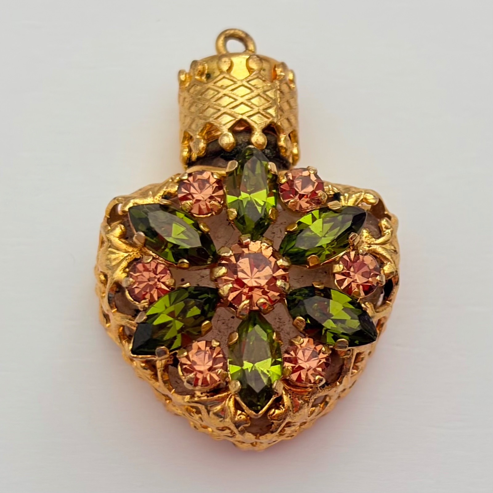 Vintage Rhinestone Gold Tone Filigree Perfume Bottle Pendant Heart Green Flower