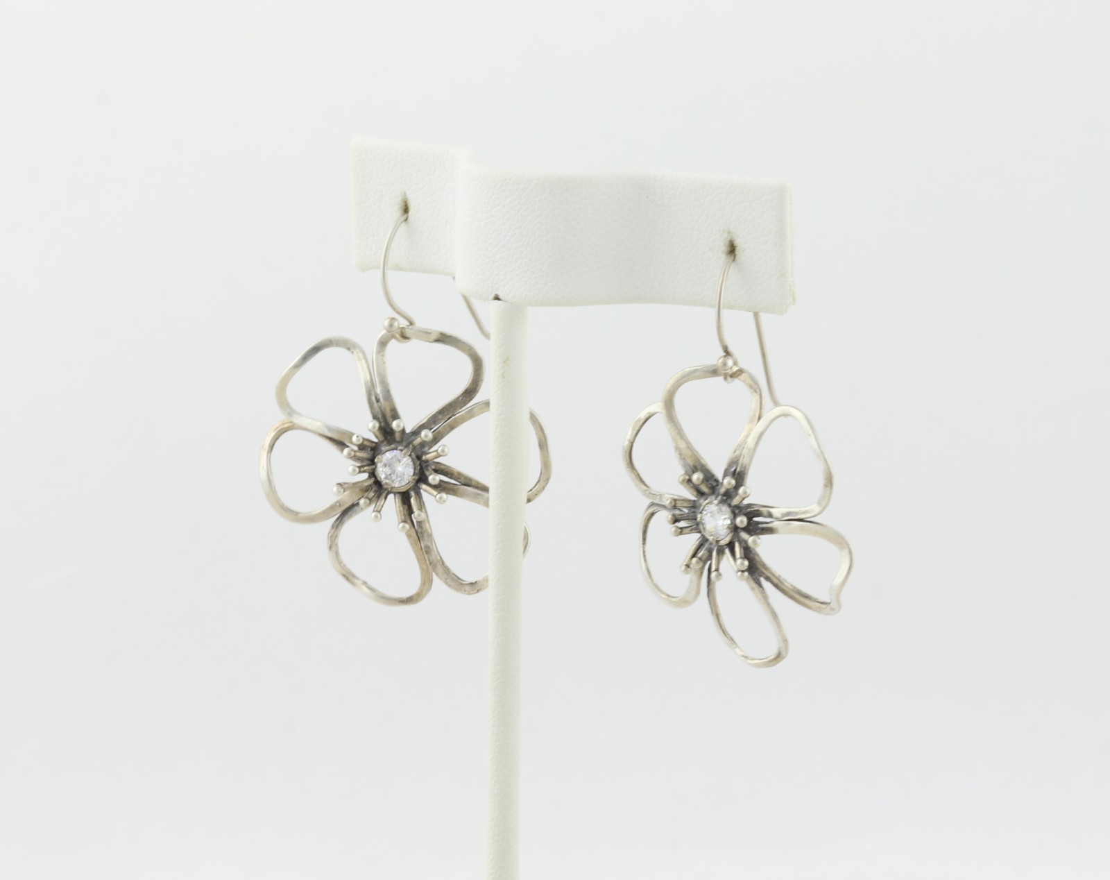 Sterling Silver Cubic Zirconia Flower Earrings Dangle Drop Israel 1 3/4″ X 1 1/8