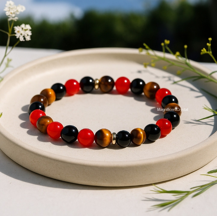 Carnelian Tiger Eye Stone Black Tourmaline Beaded Stretch Bracelet Unsex Jewelry